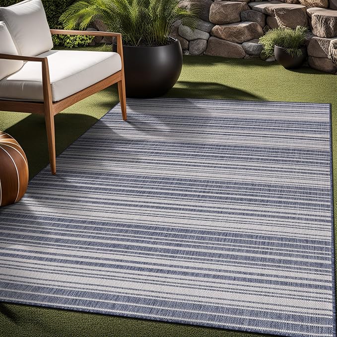 Luul Home Stripe Outdoor Rug 8x10 Washable Outside Carpet for Indoor Patio Porch Waterproof Easy Cleaning Non Shedding Area Rugs Blue 8 x 10