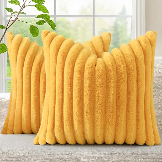 decorUhome Fall Faux Fur Throw Pillow Covers 22x22 Set of 2 Mustard Yellow | Decorative Soft Cozy Striped Plush Modern Farmhouse Boho Couch Pillow Cases Velvet Back for Sofa Bed Living Room Home Decor