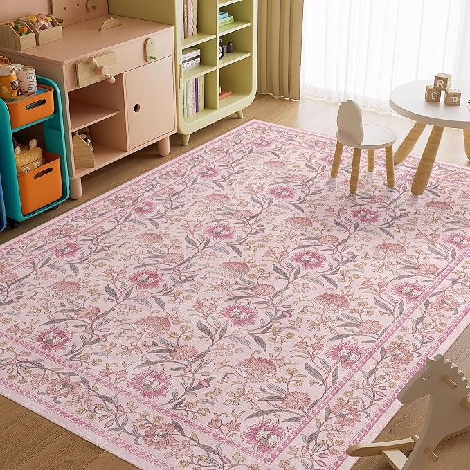 DUKINO 8x10 Area Rug, Vintage Floral Washable Rugs for Living Room, Pink | Non Slip, Low Pile, Non-Shedding, Stain Resistant Boho Soft Indoor Large Carpet for Bedroom Dining Room Farmhouse, Home Decor