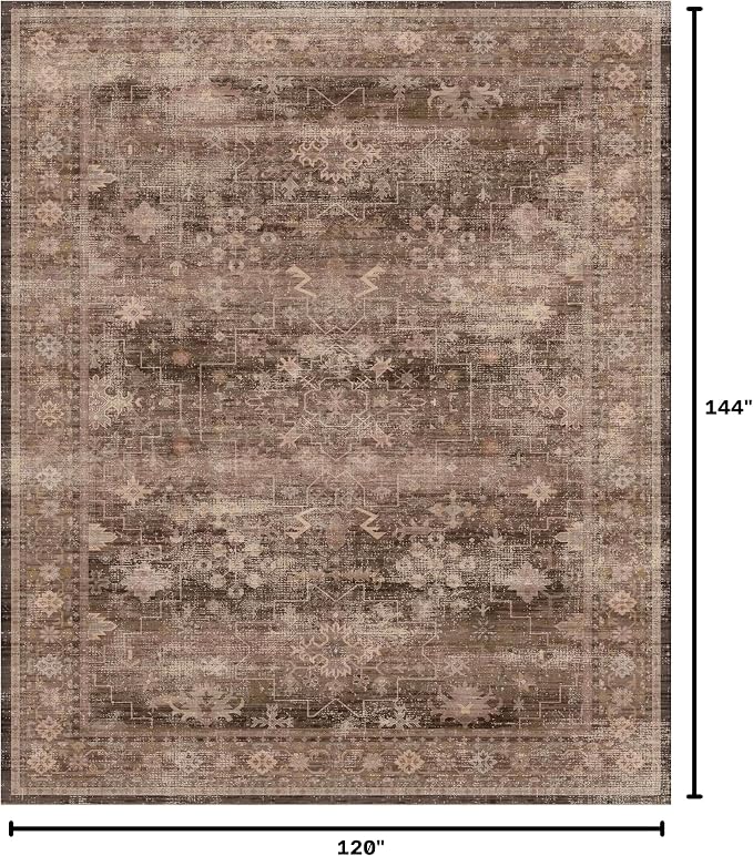 Hazo Haus Brown Rug for Living Room 10x12 - Large Vintage Western Eclectic Unique Neutral Taupe, Washable Low Pile Non-Slip Area Rug for Dining Under Table, Bedroom Under Bed, Home Office