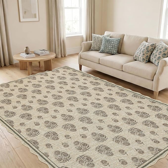 ORTIGIA Scalloped Easy Jute 5x7 Area Rug Vintage Brown Floral Accent Farmhouse Washable Rug Non-Slip Indoor Outdoor Carpet for Living Room Bedroom Patio Entryway