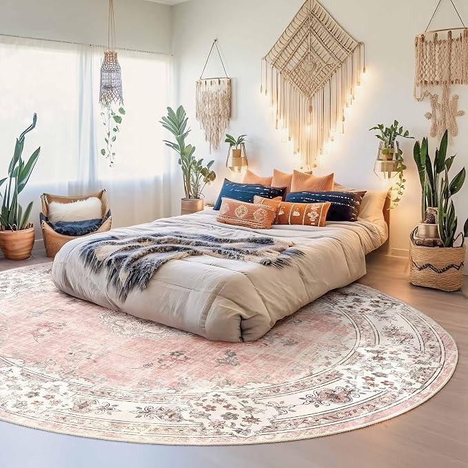 MUJOO Pink Round Rug 9ft,Circle Washable Area Rug Non Slip Low-Pile Floral | Large Circular Rugs for Living Room Bedroom Dining Room Boho Throw Carpet Soft Floor Indoor Flowers Light Blush
