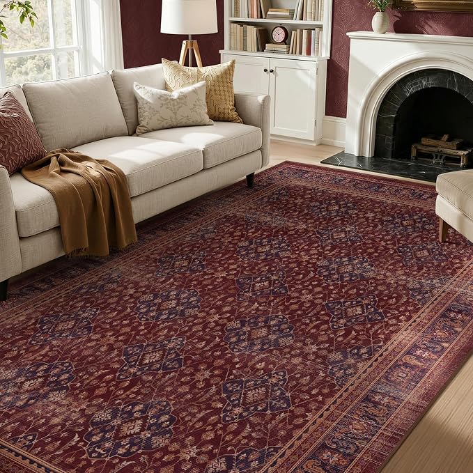 Amber Red Purple Accents Area Rugs for Living Room 6x9, Vintage Dining Room Rugs for Under Table, Washable Non Slip Low Plie Carpet Rug for Bedroom Home Office, Earth Tone Boho Floral Trellis