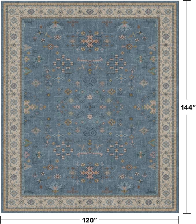 Hazo Haus Blue Big Rugs for Living Room - Dusty Blue 10x12 Area Rug for Large Bedroom, Dining Room, Washable Lightweight Foldable Floral Modern Home Décor
