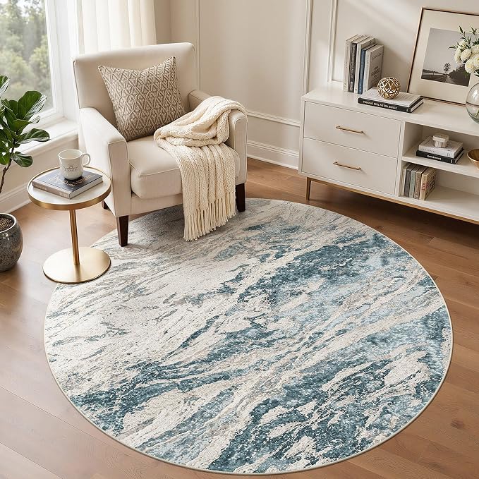 Area Rugs for Living Room: 5ft Round Abstract Washable Rug Modern Neutral Large Soft Stain Resistant Non-Slip for Bedroom Dining Room Indoor Home Office Carpet - Blue Brown
