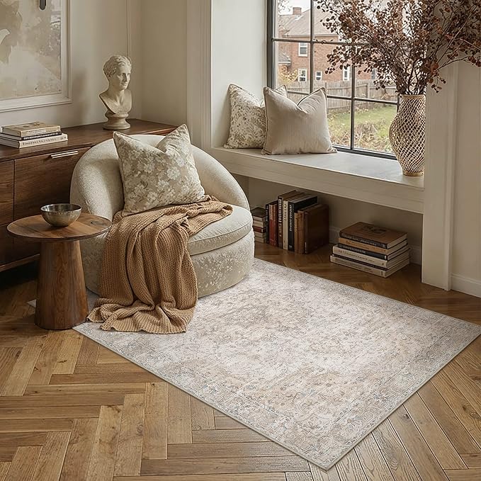 HUGEAR Beige Area Rugs 4x6 Washable Rug Indoor Carpet | Living Room Rug,Vintage Rug,Bedroom,Dining Room,Office,Farmhouse,Non-Shedding,Non Slip,Low Pile,Soft