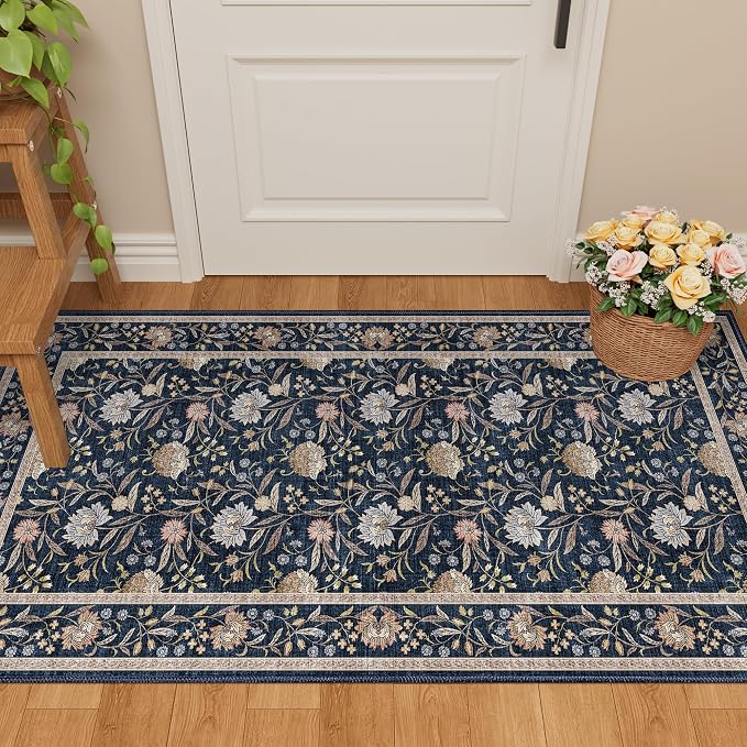 DUKINO 2x4 Rug, Washable Vintage Floral Entryway Rug Non Slip, Navy Blue | Low Pile, Non-Shedding, Stain Resistant Boho Lightweight Soft Indoor Carpet for Kitchen Bathroom Hallway Laundry Farmhouse