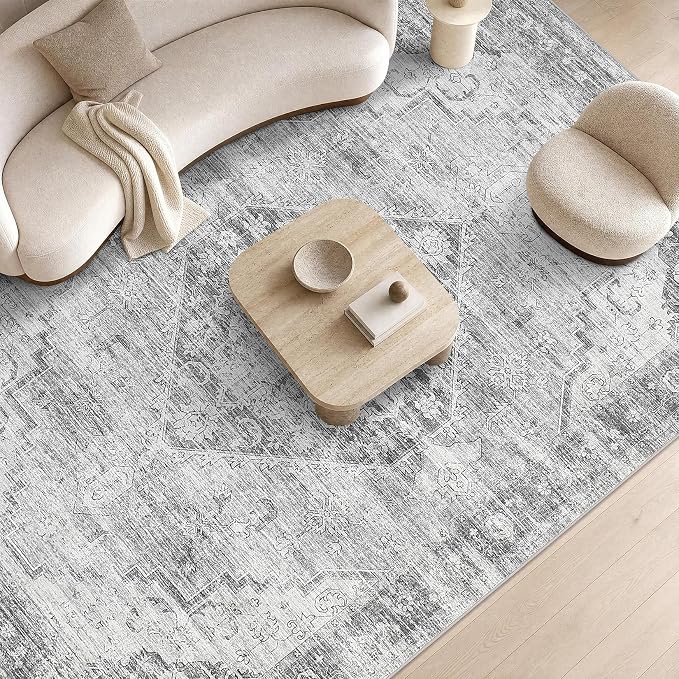 Garvee Grey 6x9 Area Rugs for Living Room, Boho Vintage Non-Slip Washable Low-Pile Stain Resistant Soft Carpet for Bedroom Home Office Nursery Kitchen Room Decor