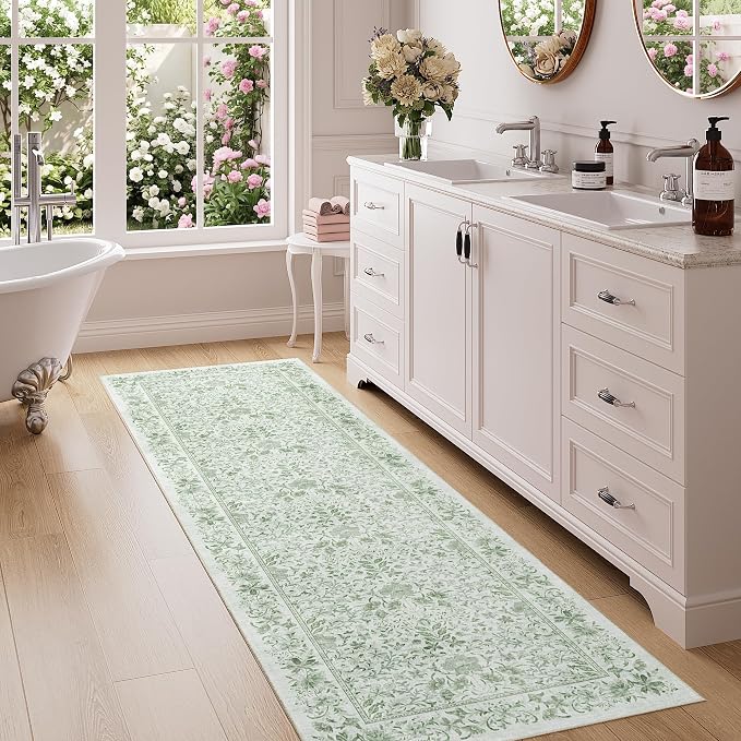 DUKINO 2x6 Runner Rug, Washable Vintage Floral Kitchen Rug, Sage Green | Non Slip, Low Pile, Stain Resistant Boho Soft Throw Carpet Runner for Hallway Bathroom Laundry Bedroom Entryway, Non-Shedding