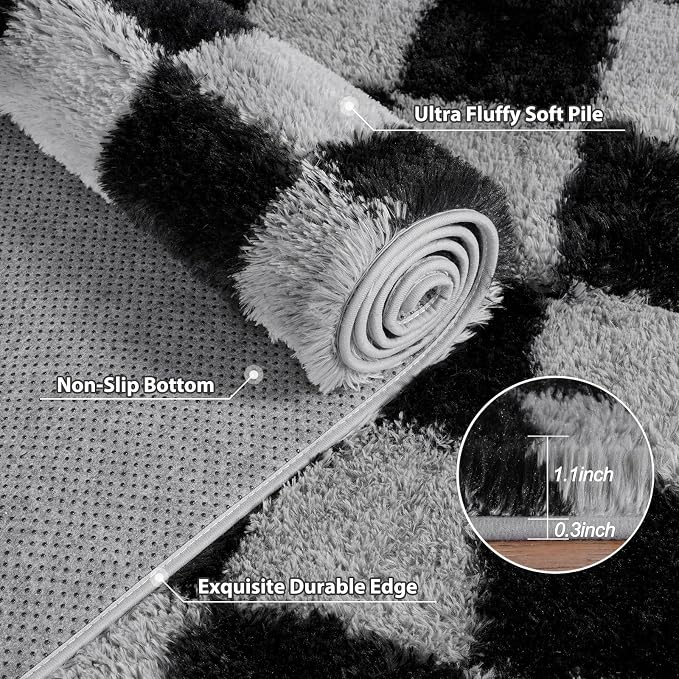 Pionblank Checkered Rug for Bedroom 4x6, Modern Shag Carpet, Soft Plush Non Slip Fluffy Rugs for Living Room Kids Room Home Decor, Black and Grey