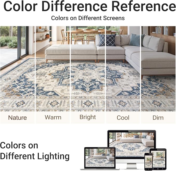 befbee 8x10 Area Rug for Living Rooms, Stain Resistant Neutral Washable Rugs for Dining Rooms, Floral Vintage Non-Slip Thin Large Size Area Rugs(Blue)
