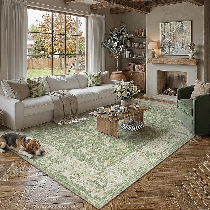 8x10 Green Washable Area Rug Non Slip Retro Distressed Carpet | Soft Low Pile, Lightweight Foldable, Pet Friendly, Living Room, Bedroom, Dining Room, Classroom, Playroom