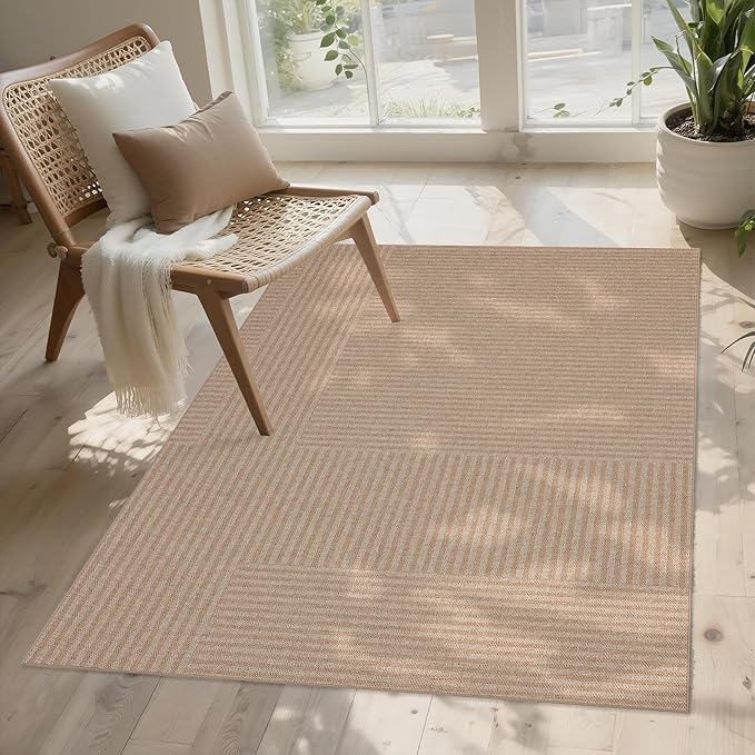 Non-Slip Jute Rug for Entryway: 3x5 Outdoor Mat - Beige Stripes | Safe Walking for Family All Day and Help with Cutting Slip Falls by 70%