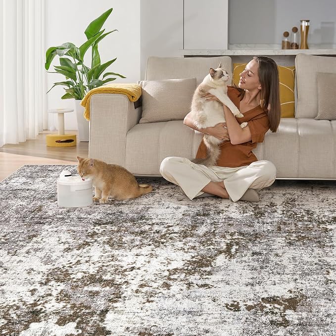 DMOYEST 10x14 Area Rug for Living Room, Washable & Non Slip Large Indoor Carpet, Kid & Pet Friendly Soft Thin Low Pile Abstract Rug for Bedroom and Office - Dark Brown