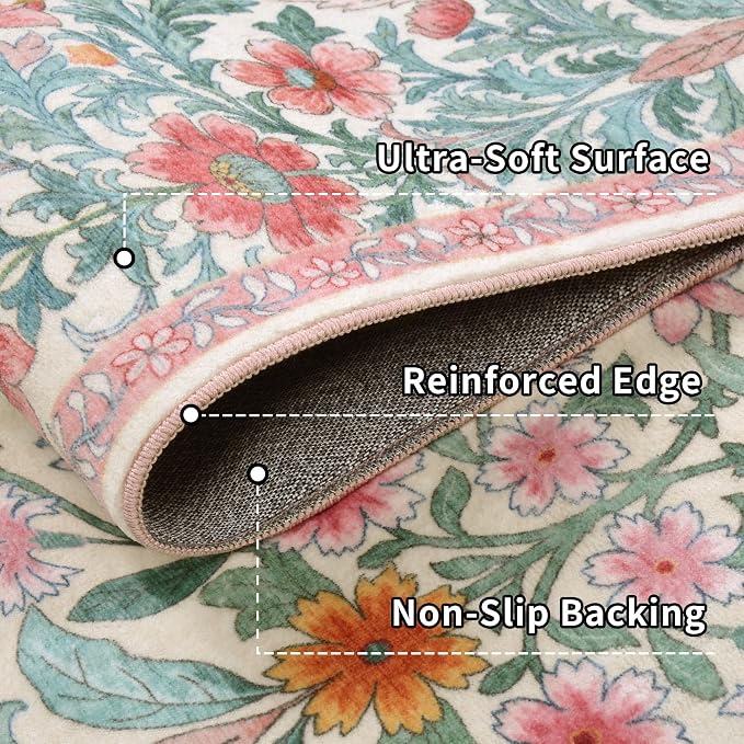 3x5 Light Pink Boho Floral Washable Rug,Soft Lightweight Low Pile Non-Shedding Carpet,Machine Washable Stain Resistant & Non-Slip for Entryway,Girls Bedroom,Kids Room,Living Room