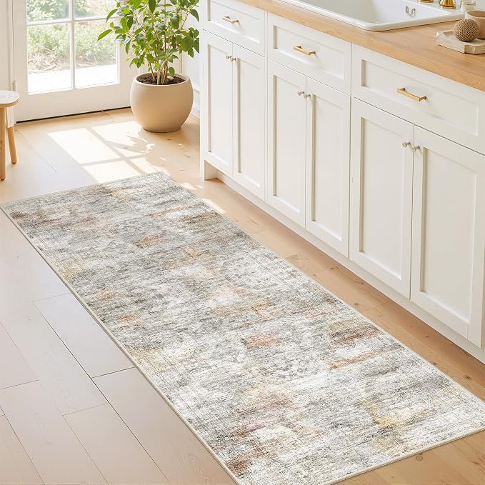 2x6 Runner Rug Non Slip,Washable Hallway Runner Rug,Green | Neutral Rugs for Kitchen,Entryway,Bedroom,Bathroom,Nursery Room,Thin,Soft Runner Rug,Stain Resistant Indoor Carpet