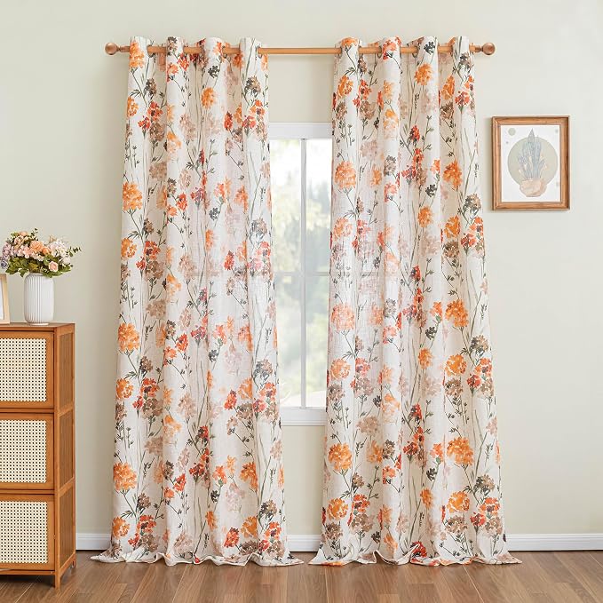 MYSKY HOME Orange Linen Floral Curtains Semi Sheer Grommet Drapes Light Filtering & Privacy Protect, Farmhouse Window Treatments for Bedroom Living/Dining Room,52"x95",2 Pcs