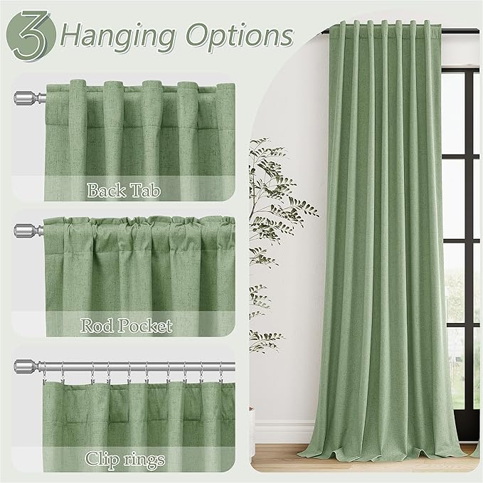 Guken Light Sage 100% Blackout Linen Curtains 108 Inch Length 2 Panels Set for Living Room Bedroom Back Tab/Rod Pocket Thermal Insulated Black Out Drapes Room Darkening Window Curtains
