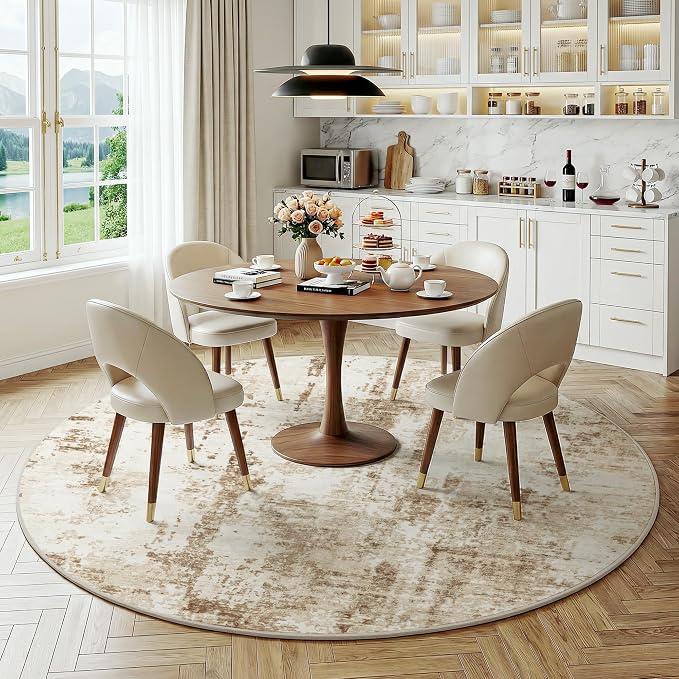 FMFUNCTEX 6ft Round Washable Area Rug Brown Beige Abstract Modern Neutral Non Slip Carpet for Living Room Bedroom Soft Low Pile Indoor Contemporary Thin Rug for Dining Room Office Nursery Entry