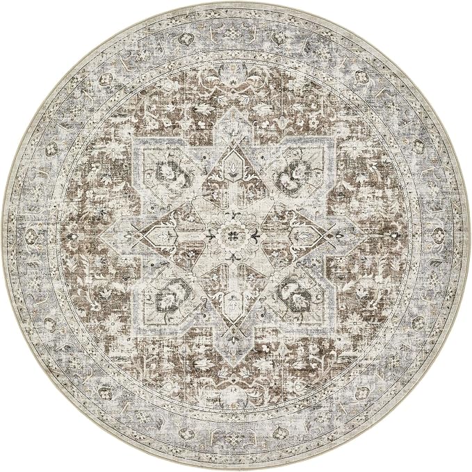 Tortania 7' Round Area Rug Living Room Rugs - Washable Boho Rug Vintage Oriental Distressed Farmhouse Large Thin Indoor Carpet for Bedroom Under Dining Table Home Office - Brown Blue