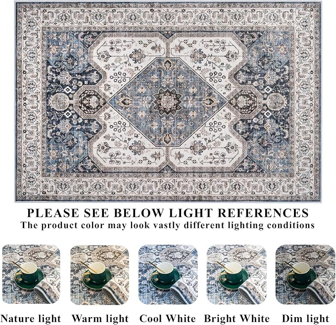 RUUGME Washable 8X10 Area Rug - Soft Area Rugs for Living Room Stain Resistant Carpet Vintage Lightweight Rugs for Bedroom with Non Slip Backing Indoor Ultra-Thin Rugs 8X10 Navy