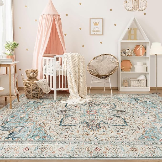 Tortania Area Rug Living Room Rugs - 12x18 Washable Boho Rug Vintage Oriental Distressed Farmhouse Large Thin Indoor Carpet for Living Room Bedroom Under Dining Table Home Office - Aqua Multi
