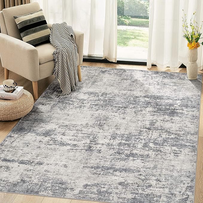 Abstract 6x9 Area Rug: Machine Washable Non Slip Ultra Thin Low-Pile Carpet, Soft Stain Resistant for Living Room Bedroom Nursery, Kid Pet Friendly, Robot Vacuum Compatible - Beige Dark Grey