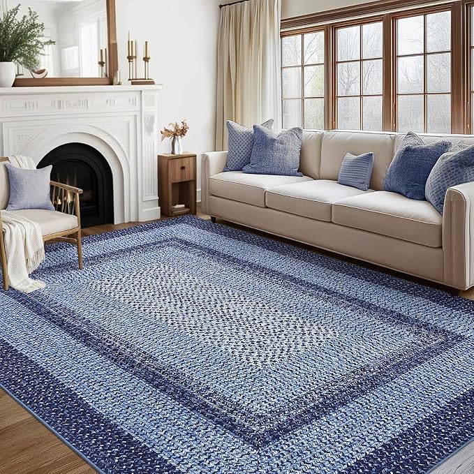RUGSREAL 3x5 Area Rug, Washable Rug for Bedroom Braided Printed Throw Carpet, Living Room Rug Non Slip Stain Resistant Small Dining Room Mat, Rustic Accent Small Carpet for Entryway Home Decor, Navy