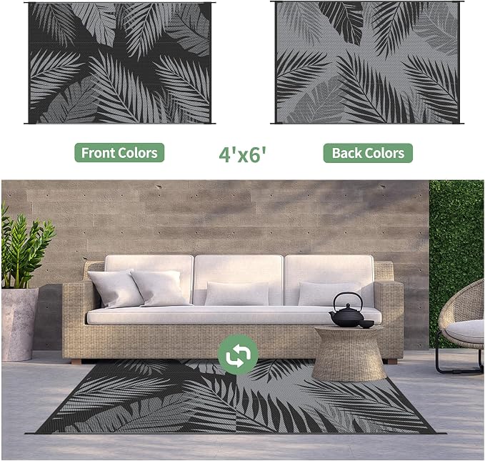GENIMO Outdoor Rug, Waterproof Plastic Rugs for Patio, 4'x6' Black Grey | Outside Larger Leaf Carpet Mat for Porch Decor, Deck, Balcony, Camping, RV, Backyard, Picnic, Beach, Reversible, Foldable