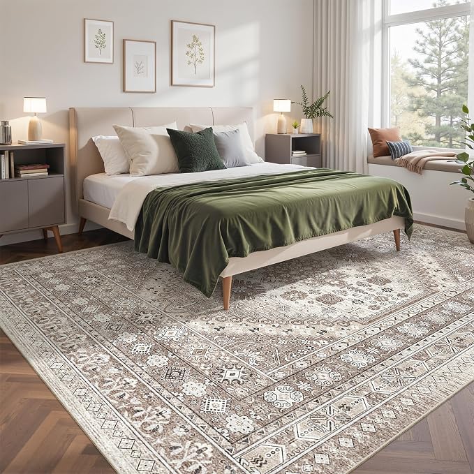 befbee 9x12 Area Rug,Ultra-Thin Washable Rugs for Living Room,Non-Slip Lightweight Foldable Area Rug,Stain Resistant Vintage Large Rugs (Brown/Beige,9'x12')