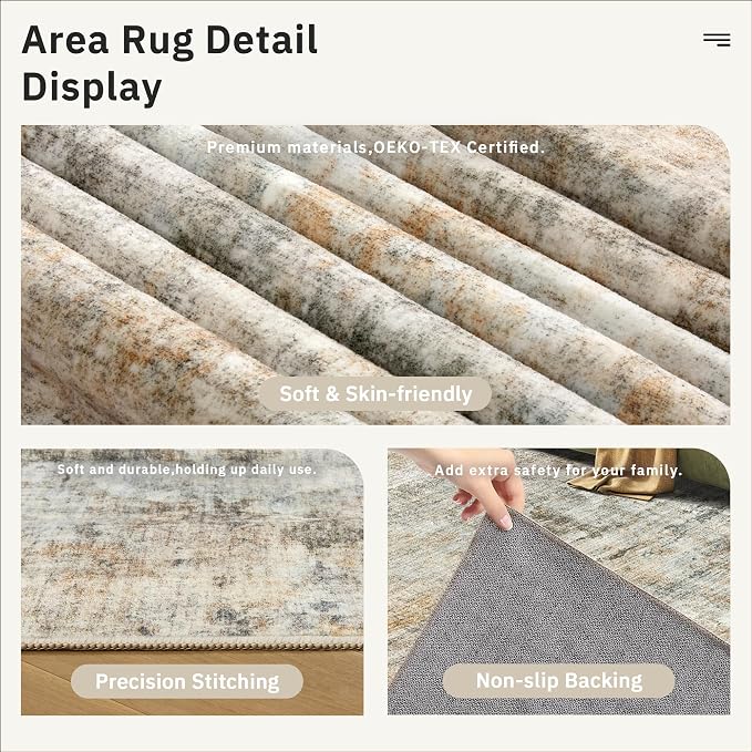 Soalmost 9x12 Area Rugs for Living Room, Non-Slip Machine Washable Vintage Rugs, Abstract Low Pile Lightweight Large Rug for Bedroom, Dining Room, Home Office Orange