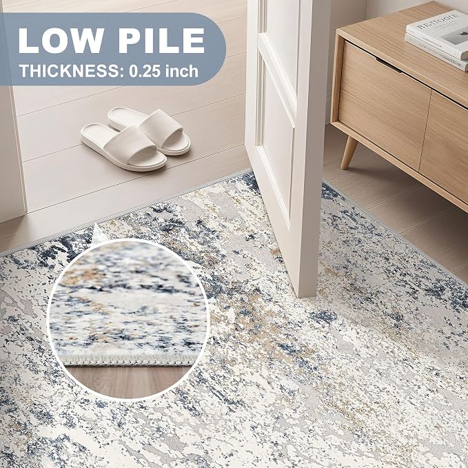 DMOYEST Square Area Rug Living Room Rugs - 5x5 Washable Large Soft Indoor Neutral Modern Abstract Low Pile Rug Carpet for Bedroom Dining Room Farmhouse Home Office - Beige Blue