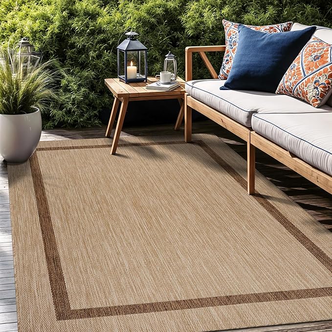 Luul Home Bordered Outdoor Rug 8x10 Washable Outside Carpet for Indoor Patio Porch Waterproof Easy Cleaning Non Shedding Area Rugs Jute Beige - Nut Brown 8 x 10