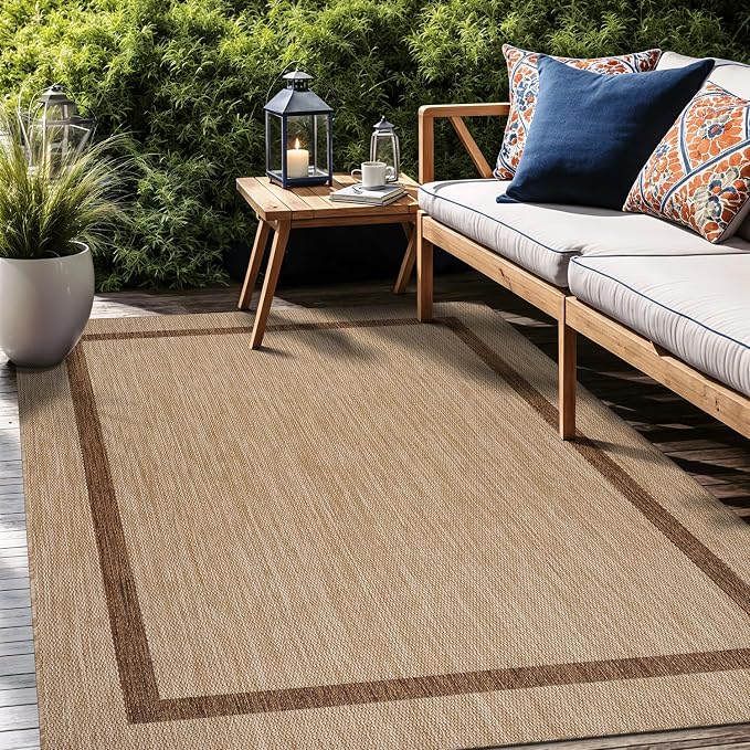 Luul Home Bordered Outdoor Rug 9x12 Washable Outside Carpet for Indoor Patio Porch Waterproof Easy Cleaning Non Shedding Area Rugs Jute Beige - Nut Brown 9 x 12