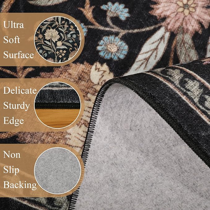 DUKINO 2x6 Runner Rug, Washable Vintage Floral Kitchen Rug, Black | Non Slip, Low Pile, Non-Shedding, Stain Resistant Soft Carpet Runner for Hallway Bathroom Entryway Bedroom Laundry Farmhouse