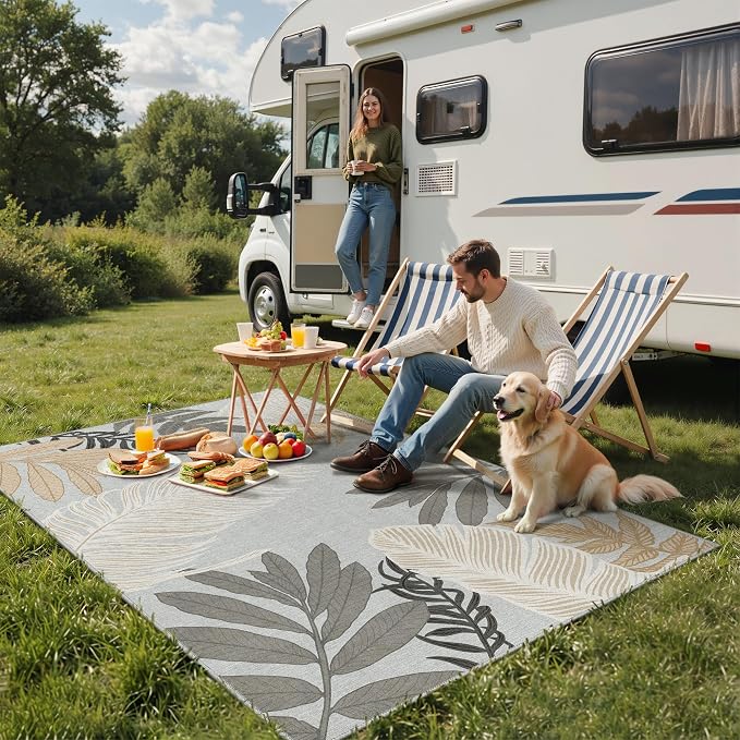 GENIMO 6x9 Outdoor Rug, Washable for Patio and Deck, Sand Grey | Botanical leaf design for dining area; fade resistant chenille with quick-dry non-slip backing for indoor sunroom.