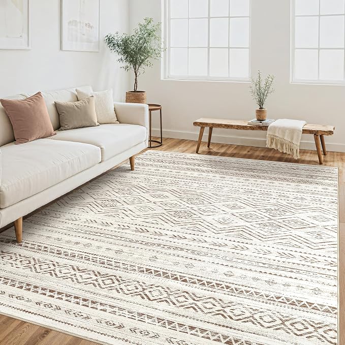 Tortania Area Rug Living Room Rugs - 5x7 Washable Large Soft Neutral Boho Moroccan Bohemian Farmhouse Rug Indoor Floor Carpet for Bedroom Under Dining Table Home Office Decor - Beige Brown