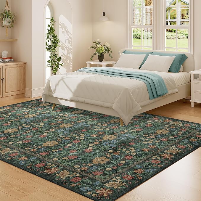 DUKINO 6x9 Area Rug, Vintage Floral Washable Rugs for Living Room, Green | Non Slip, Low Pile, Non-Shedding, Soft Indoor Large Carpet for Bedroom, Office, Dining Room, Farmhouse, Nursery, Home Decor