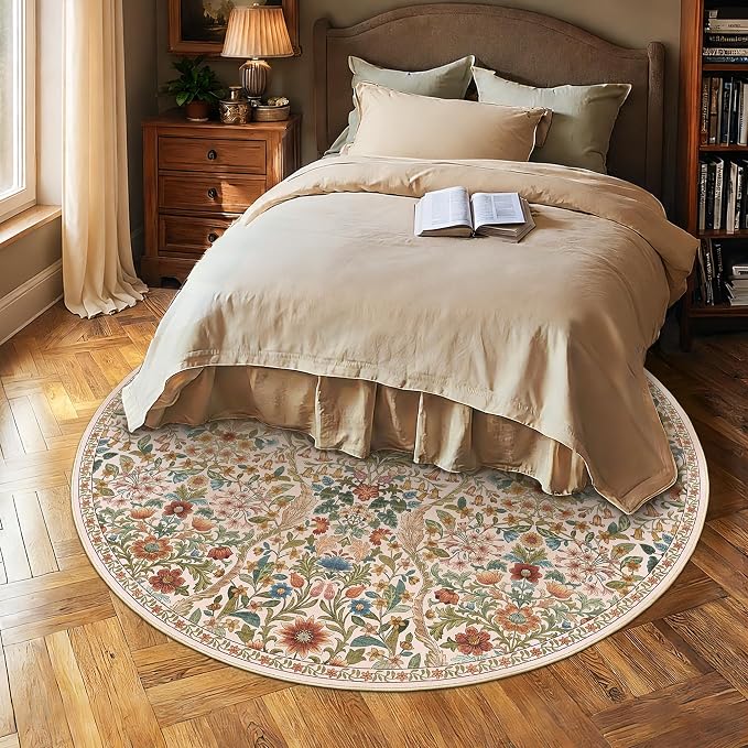 Round Rug 7ft Beige Washable Floral Circle Rug,Vintage Boho Botanical Round Area Rugs, Non-Slip Soft Low-Pile Circular Carpet for Bedroom,Kids Room,College Dorm,Home Decor