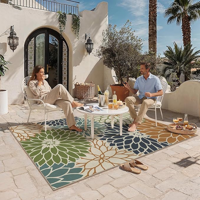 HUGEAR 5'x7' Floral Outdoor Rug Linen-Look Waterproof Colorful Floor Mat Home Decor for Camping RV Outside Area Rug Patio Deck Porch Balcony Backyard Picnic Beach Carpet