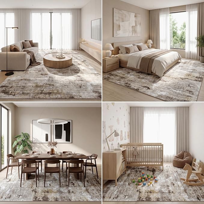 Washable Water Resistant Area Rug, Modern Abstract Distressed Carpet, 0.3" Low Pile, Non-Slip Silicone Backing, for Living Room, Dining Room, Bedroom, and Office, 8' x 10', Neutral Taupe