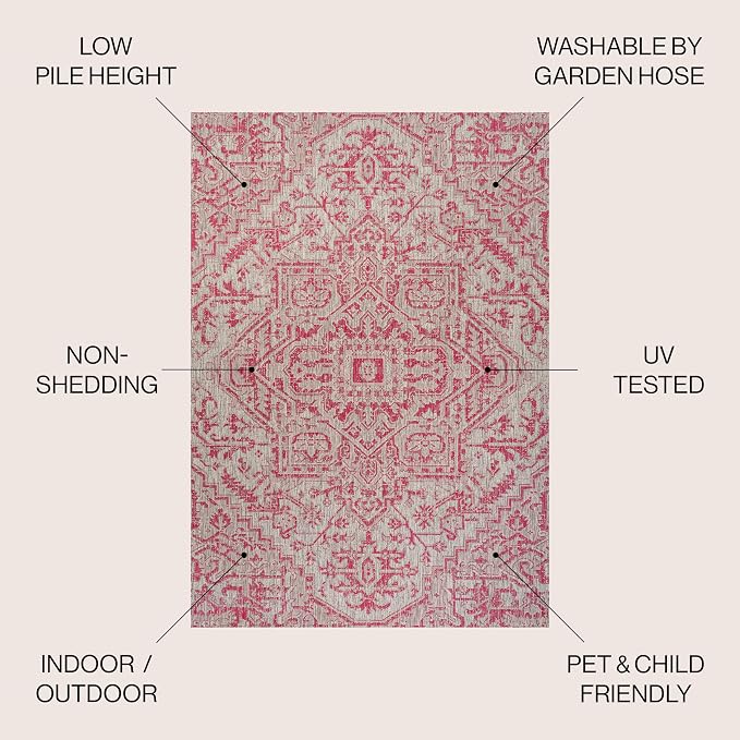 JONATHAN Y Boho Medallion Indoor Outdoor Area Rug 9X12 Light Gray/Fuchsia, Estrella Textured Weave for Backyard, Patio, Porch, Easy-Cleaning, High Traffic, Pet-Friendly, Non-Shedding (SMB105F-9)