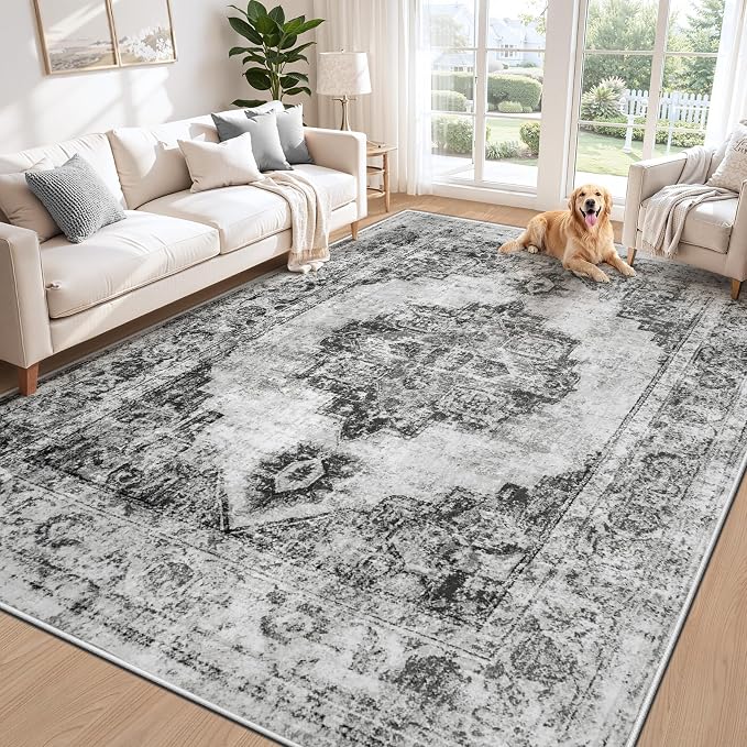 Area Rug 6x9 Vintage Rugs: Washable Indoor Medallion Rug Low Pile Distressed Floor Carpet Retro Accent Rugs for Living Room Bedroom Kitchen Dining Table Home Office(Black, 6'x9')