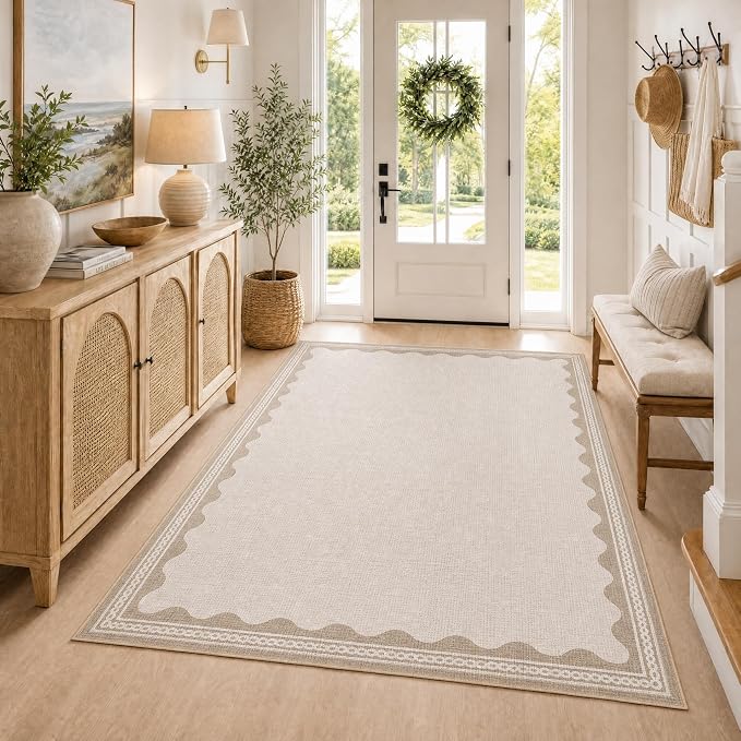 GarveeHome Scalloped 3x5 Rug Washable Non-Slip Low-Pile Indoor Rugs for Entryway Solid Beige Modern Carpet for Kitchen Bedroom Living Room Bathroom Indoor Mat