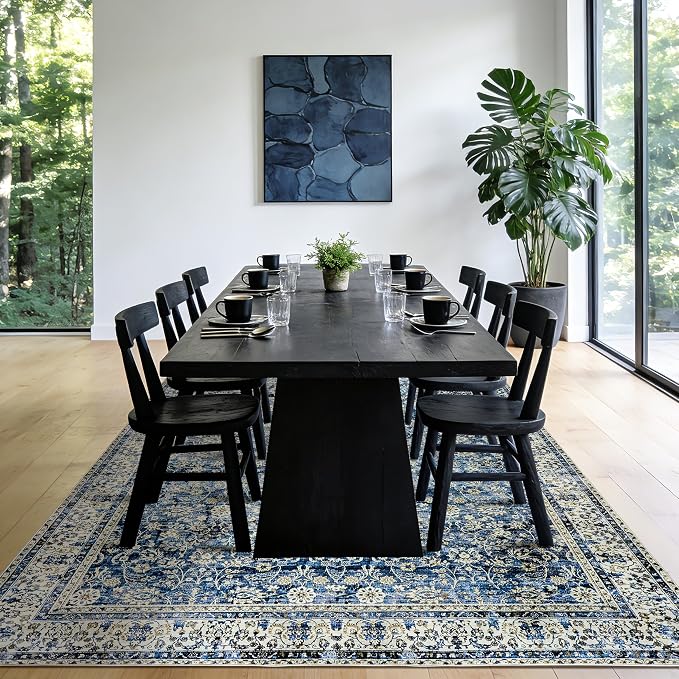 Blue Area Rug for Living Room 8x10 Washable Vintage Farmhouse Big Large Boho Distressed Carpet Rugs for Bedroom,Light Blue and Cream Polyester Rayon Cotton Blend