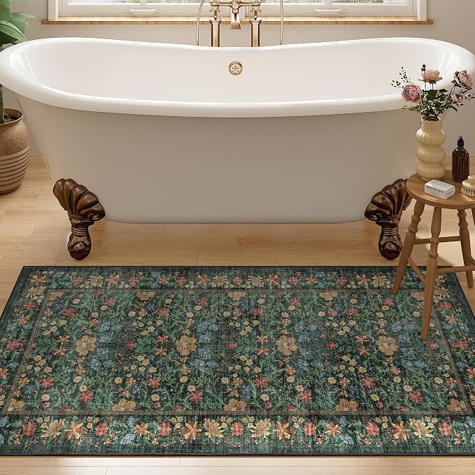 DUKINO 2x4 Rug, Washable Vintage Floral Bathroom Runner Rug, Green | Non Slip, Low Pile, Stain Resistant, Aesthetic Lightweight Soft Indoor Carpet for Kitchen Entryway Hallway Bathroom Bedroom