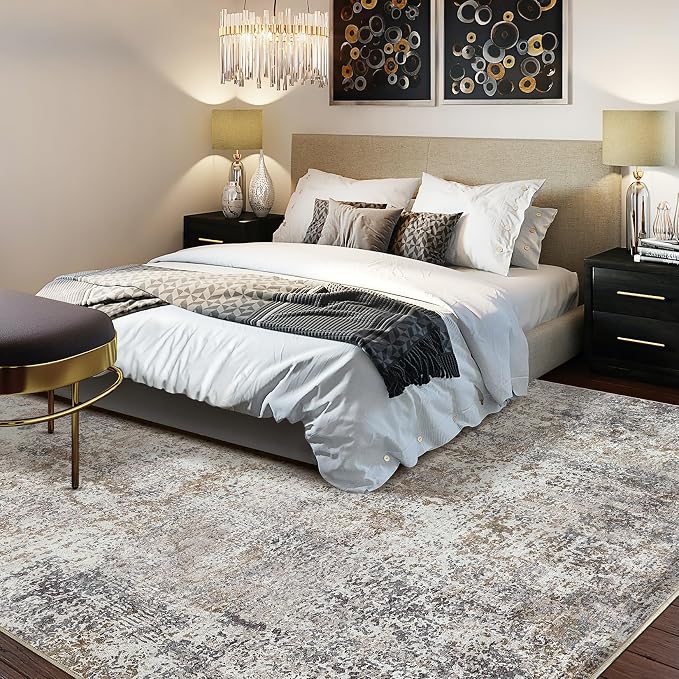 DMOYEST Area Rug Living Room Rugs - 5x8 Abstract Large Soft Indoor Washable Rug Neutral Modern Low Pile Carpet for Bedroom Dining Room Farmhouse Home Office - Brown/Grey/Black