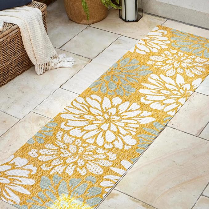 JONATHAN Y Floral Textured Weave Indoor Outdoor Runner Rug 2X8 Yellow/Cream, Zinnia Modern for Backyard, Patio, Porch, Easy-Cleaning, High Traffic, Pet-Friendly, Non-Shedding (SMB110G-28)