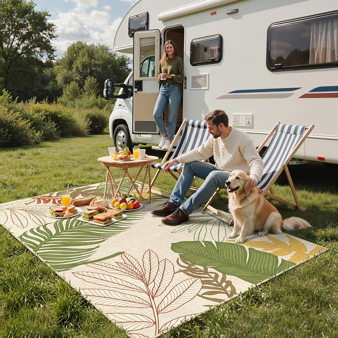 GENIMO 5x8 Outdoor Rug, Washable for Patio and Deck, Beige Green | Botanical leaf design for porch; fade resistant chenille with quick-dry non-slip backing for indoor sunroom.