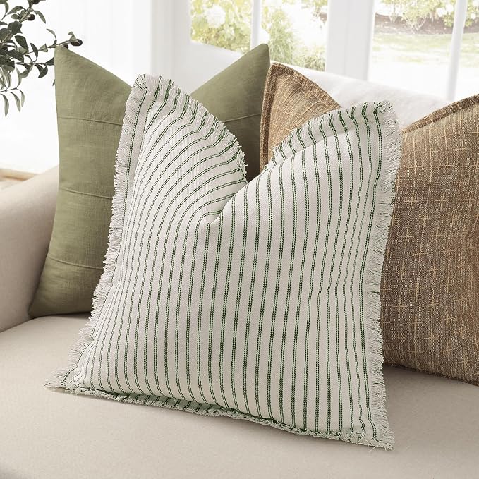 ZWJD Throw Pillow Covers 18x18 Set of 2 Striped Pillow Covers with Fringe Chic Cotton Decorative Pillows Square Cushion Covers for Sofa Couch Bed Living Room Farmhouse Decor (Olive Green)